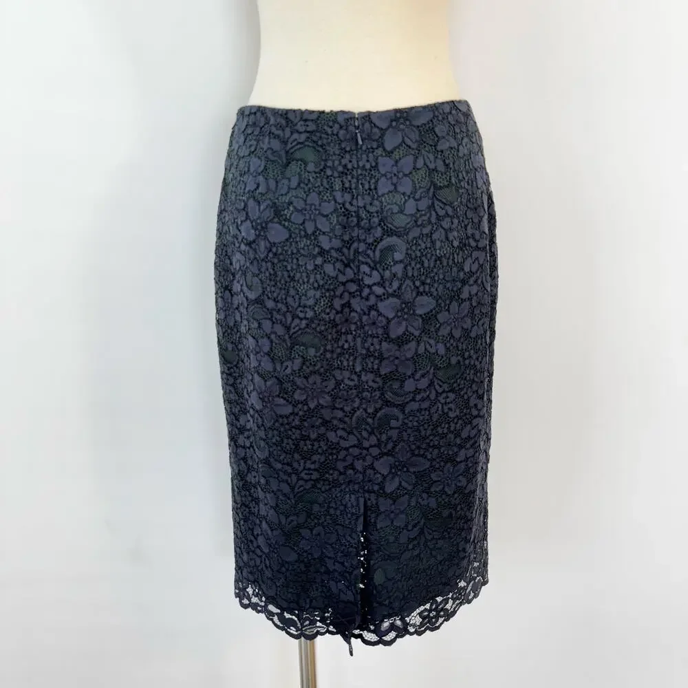 Tory Burch Lace Skirt Knee-Length Navy Blue Green Floral Size 10